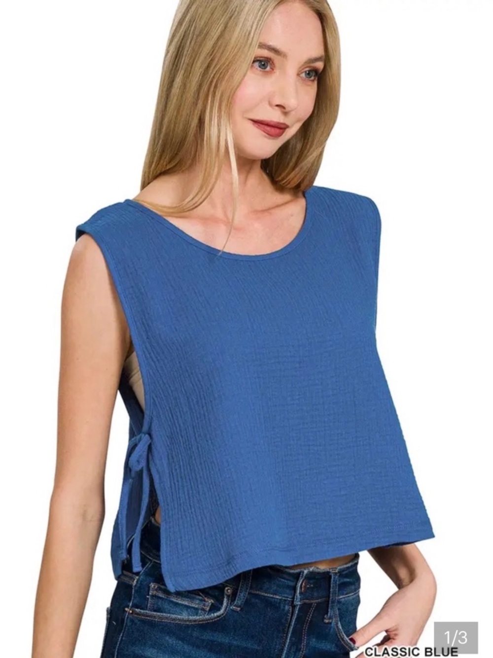 Zenana Blue Sleeveless Tie-Side Crop Top